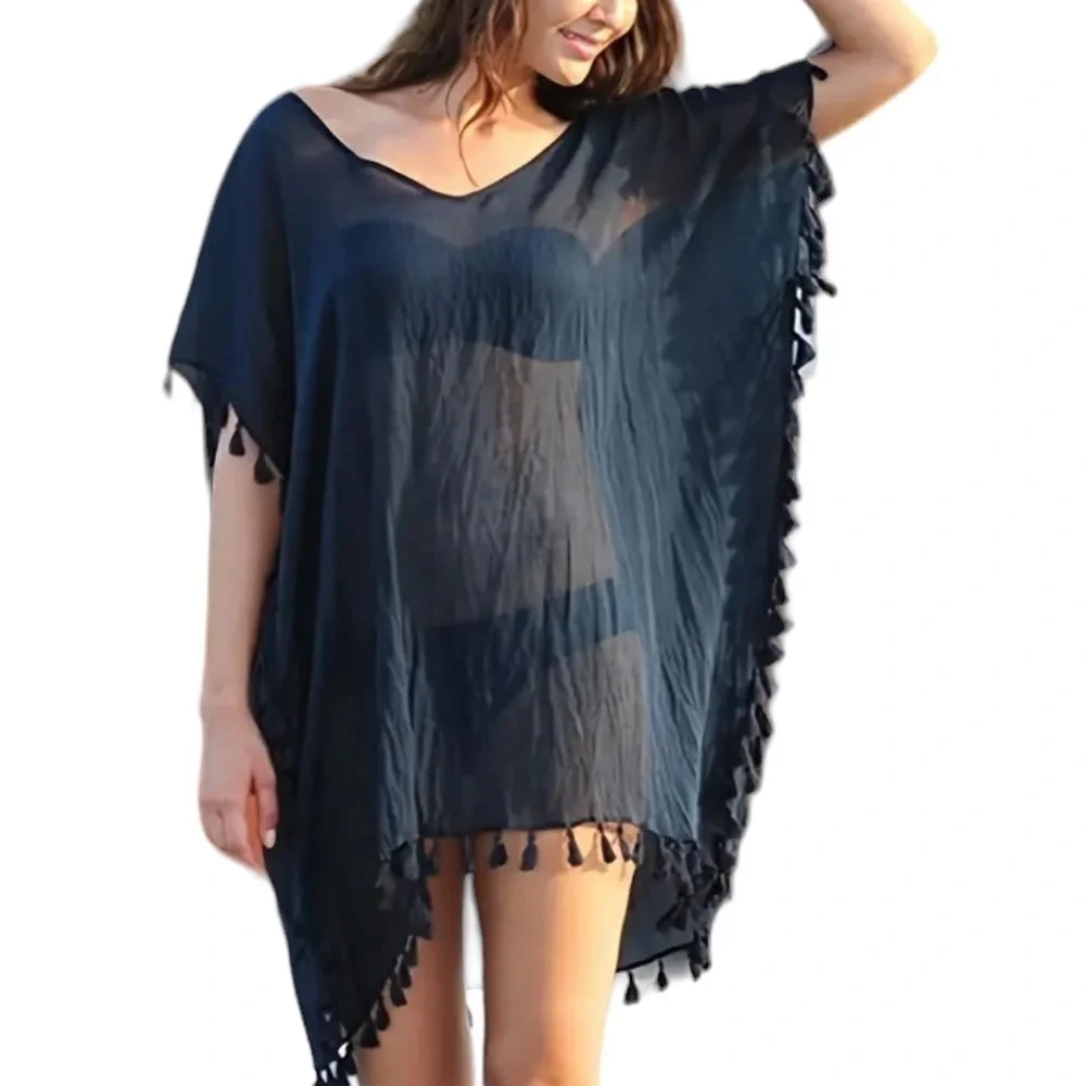 Boho Black Sheer Summer Cover-Up with Ball‎ Tassel Detail One Size New!